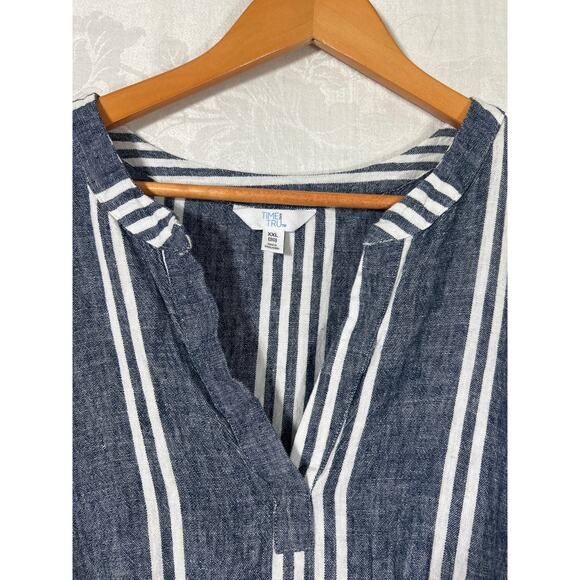 Linen Blend Sundress XXL 20 Blue White Striped Tiered Belted Tank Midi Time Tru - Picture 4 of 8